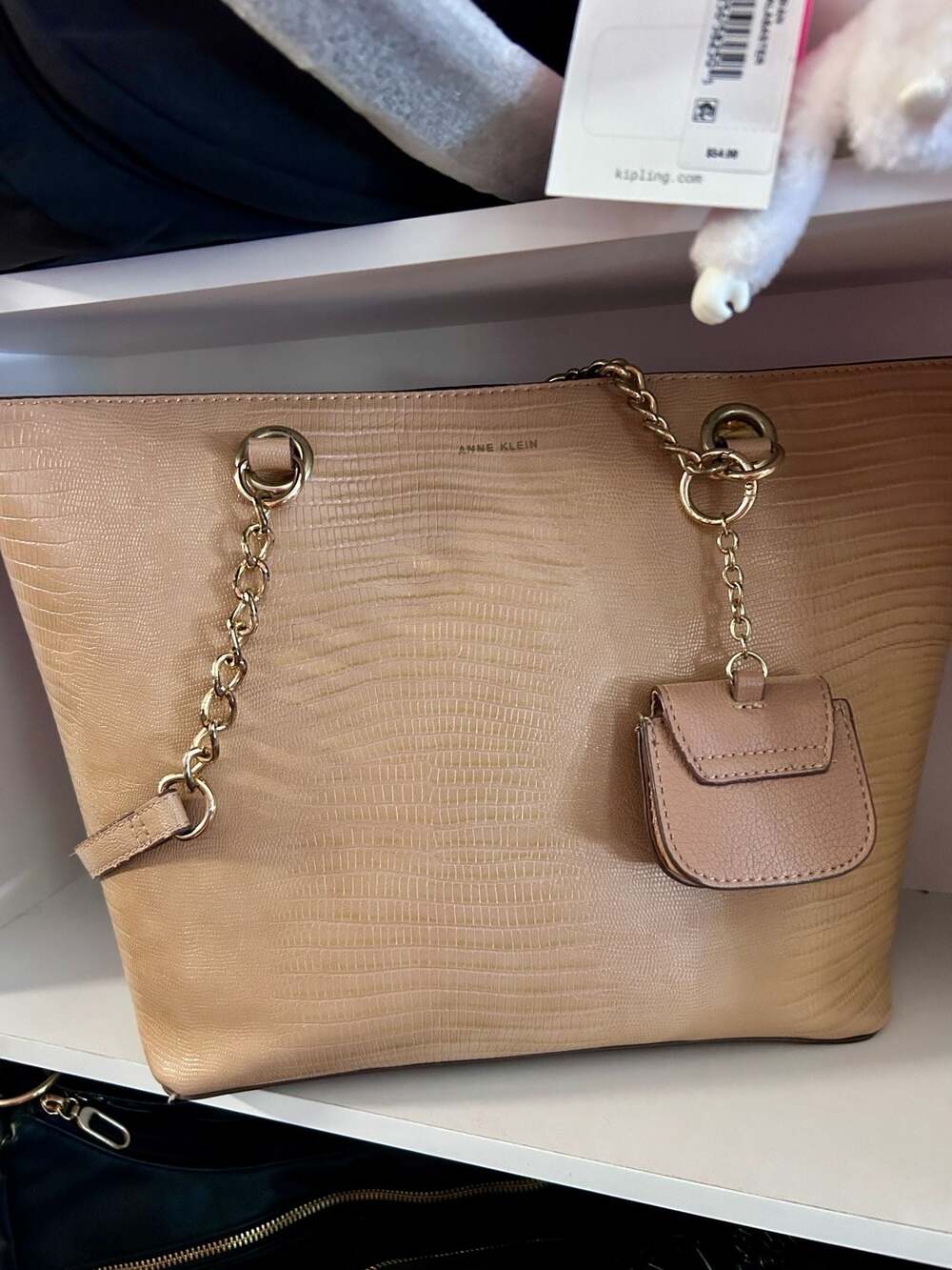 Anne Klein Faux Leather Lizard Embossed Tote Bag with Chain Straps and Pouch
